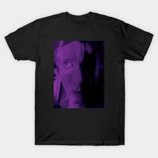 Portrait, digital collage, special processing. Weird and bizarre. Face of man, thinking about something. Violet and dim. T-Shirt